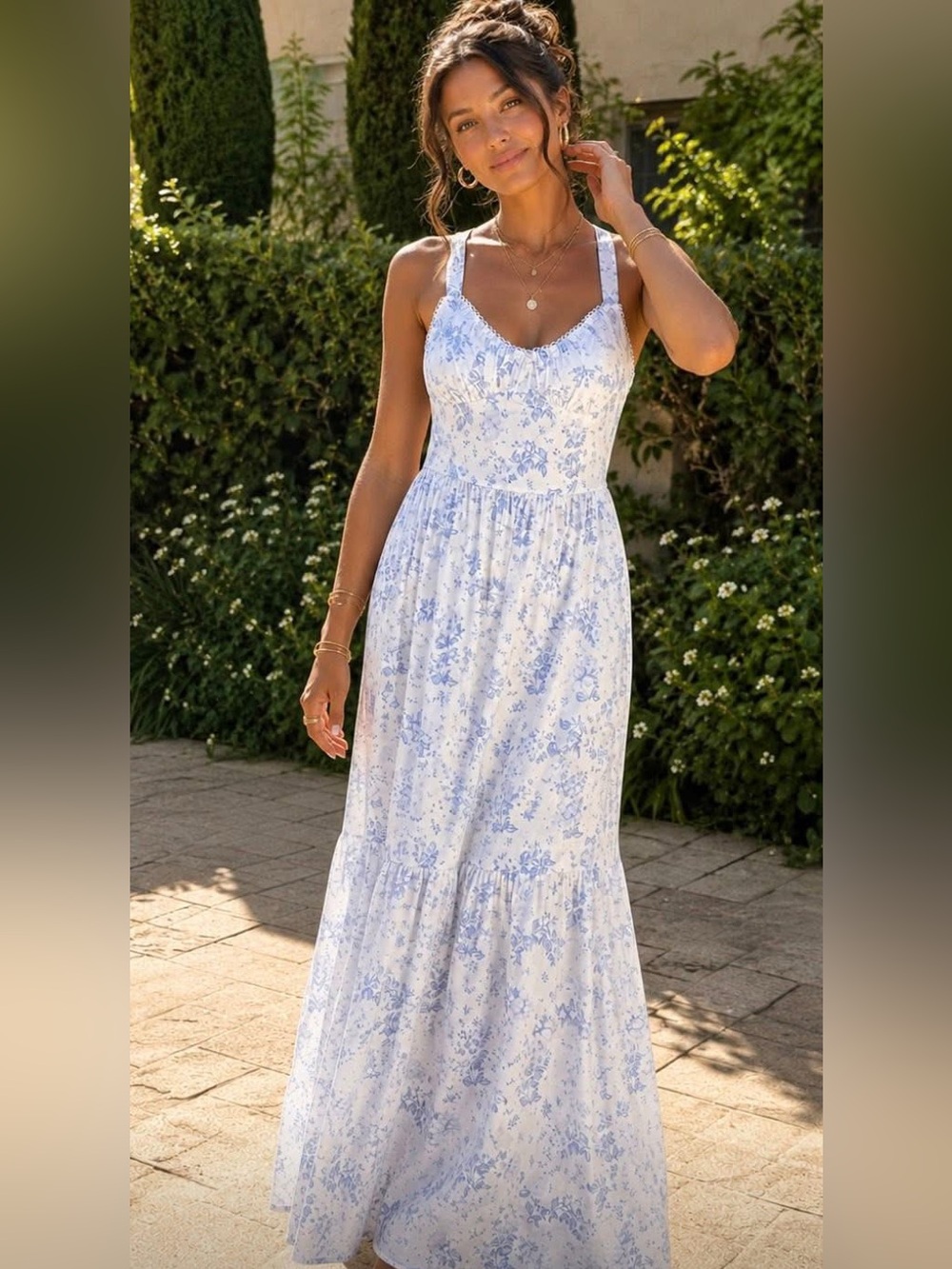 Blue Floral Maxi Dress with Sweetheart Neckline